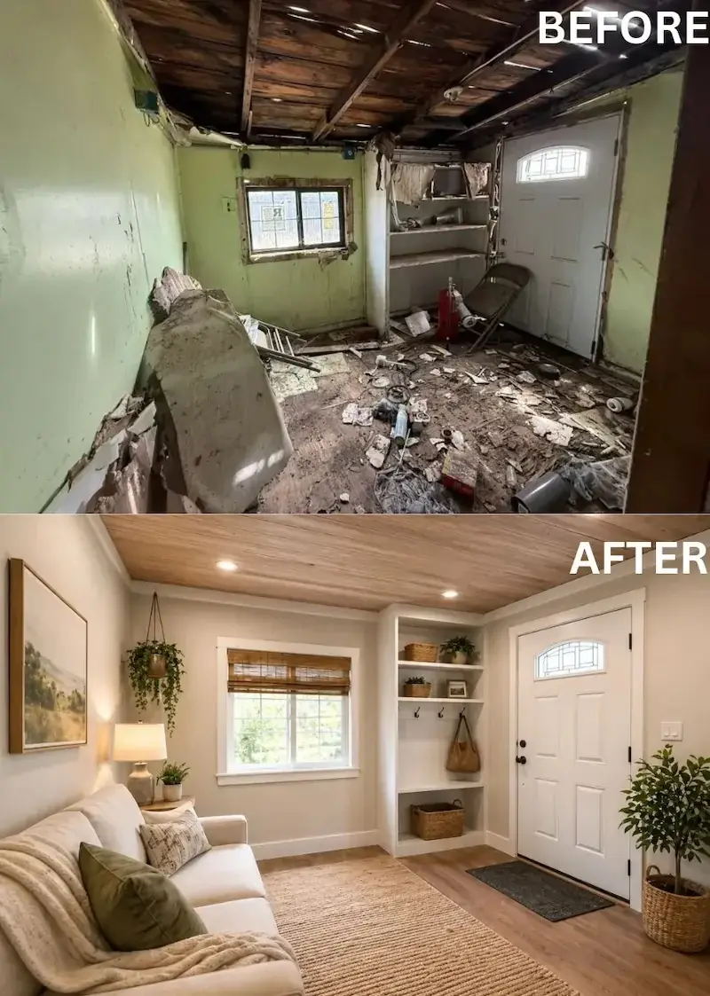 Illustration of a damaged room before and after renovation, representing a cash sale in Portland, Oregon