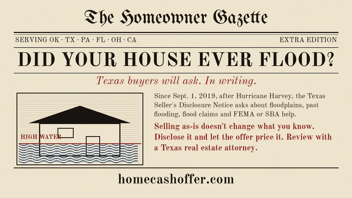 Newspaper-style graphic asking Did your house ever flood? and noting that since September 1, 2019 the Texas Seller's Disclosure Notice asks about floodplains, past flooding, flood claims and FEMA or SBA help, for Austin, Texas sellers