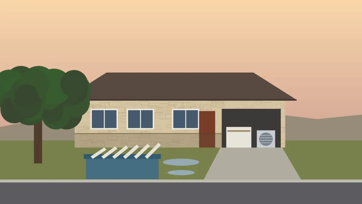 Illustration of a single-story limestone ranch house on a slab in Austin, Texas, with a water stain along the lower wall, a box fan in the open garage and wet drywall piled in a dumpster at the curb