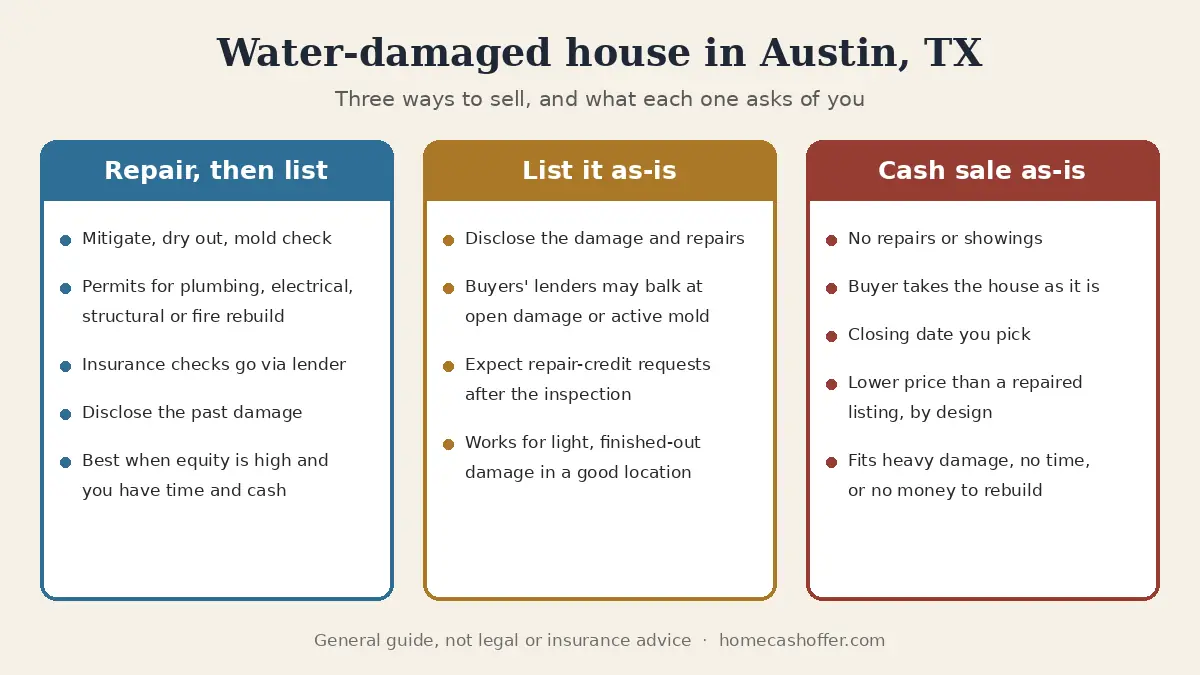 Comparison graphic for a water-damaged house in Austin, Texas showing three options: repair then list, list it as-is, or a cash sale as-is, with what each one requires of the seller