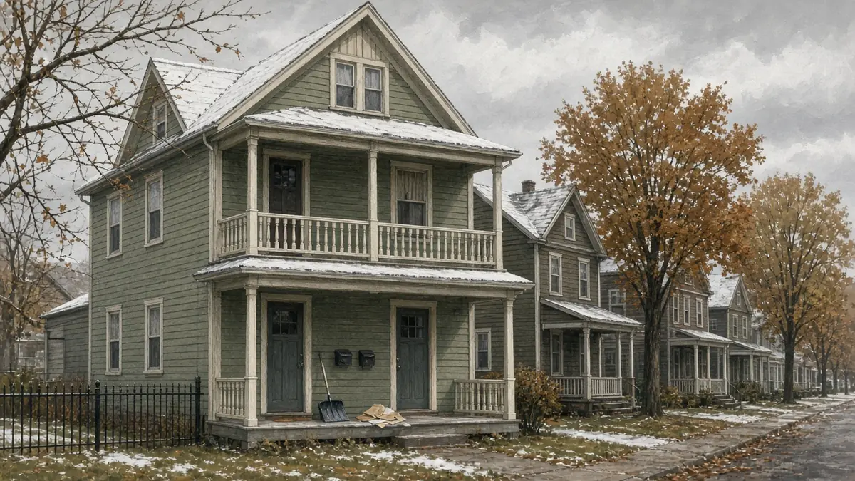 Illustration of a narrow green two-and-a-half-story Buffalo double with stacked upper and lower front porches, two front doors and two mailboxes, a snow shovel by the door and a light snow on a tree-lined street in Buffalo, New York