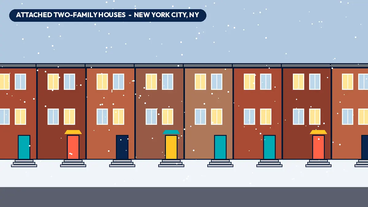 Illustration of a snowy block of attached brick two-family houses with a shared sidewalk, typical of Queens and Brooklyn in New York City, New York