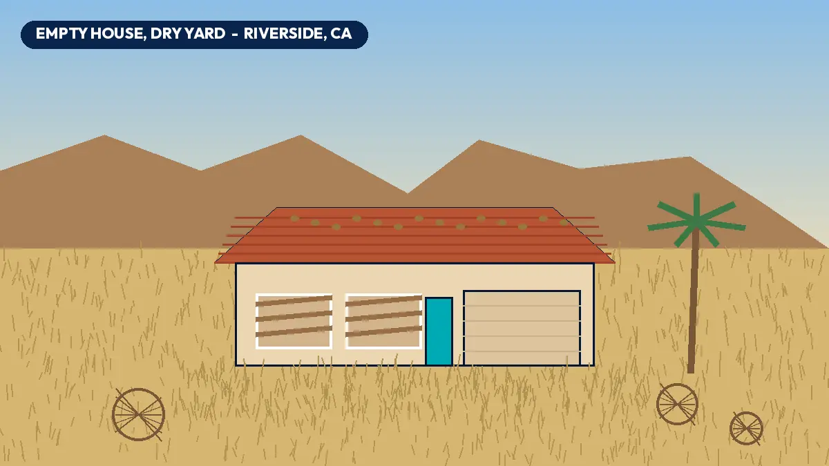 Illustration of a boarded-up single-story stucco house with leaves on its tile roof, surrounded by tall dry grass and tumbleweeds below brown hills