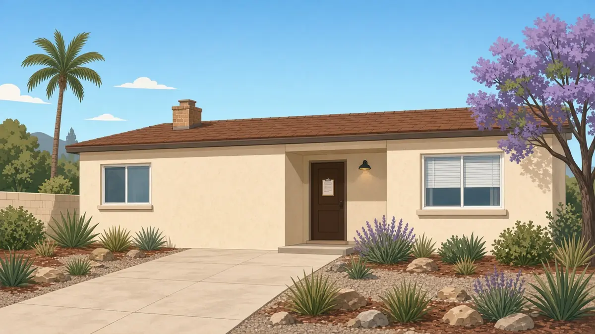 Illustration of a single-story 1950s stucco ranch house in San Diego, California with a tile roof, a palm and a jacaranda tree, a paper notice taped to the front door, and the driveway ending at a stucco wall with a small window where the garage door used to be