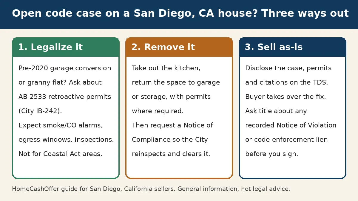 Three-column graphic for San Diego, California sellers with an open code case: legalize a pre-2020 garage conversion or granny flat under AB 2533 and City IB-242, remove it and request a Notice of Compliance, or sell as-is with full disclosure and a title check