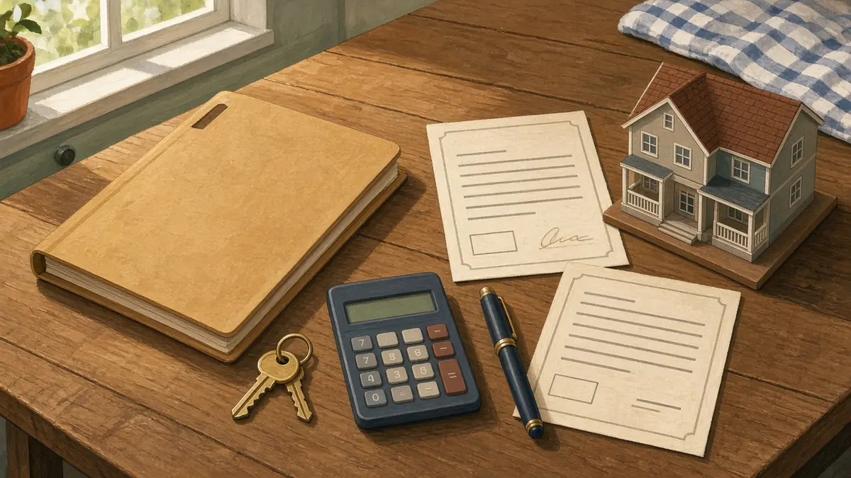 Illustration of a closing folder, house keys, a calculator, a pen, blank payoff letters and a small model of a two-family frame house on a wooden table, for sellers in Newark, New Jersey