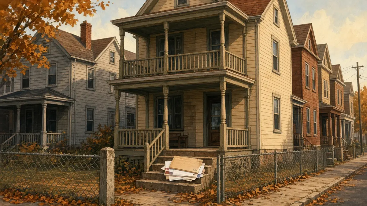 Illustration of an older two-family frame house with stacked front porches on a dense Newark, New Jersey street in autumn, with a pile of unopened envelopes on the front steps